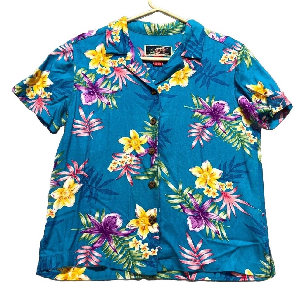 La Cabana Hawaiian Shirt Womens Small Blue Floral Tropical Beach Resort Wear